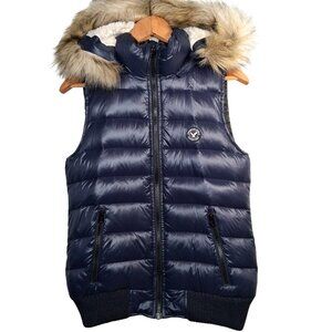 American Eagle Down Puffer Vest Women Small Navy Blue Faux Fur Hood
